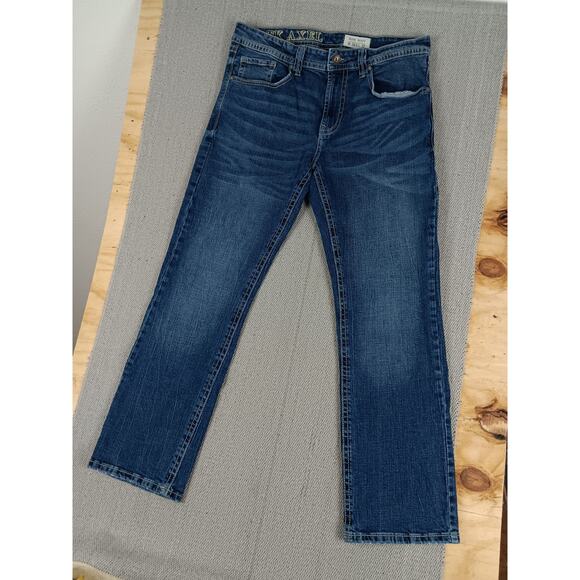 T.K. Axel Slim Boot Jeans Mens 34X31 Blue Embroidered Flaps Western Thick Stitch - Picture 4 of 15